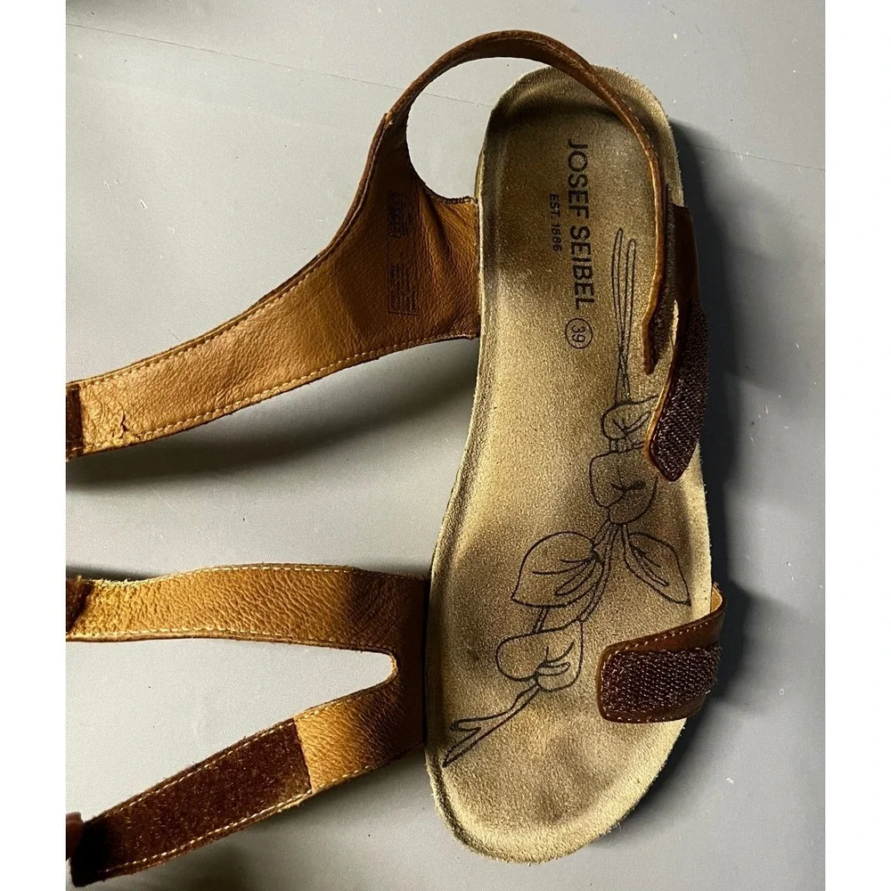 Josef Seibel Tonga Brown Leather Strappy Cork Wedge Sandals Size 39 Hook Loop